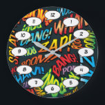 Fun Retro Comic Book Pop Art Sounds Large Clock<br><div class="desc">Fun trendy superhero comic book pop clocks that are sure to add a splash of colour to a range of rooms around your home or office. An ideal way to treat yourself or someone that you know with these cool, unique comic con designer clocks. Why not add some zap pow...</div>