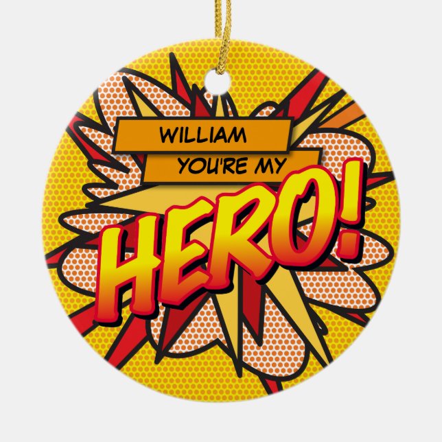 Fun Retro Comic Book You're my HERO Ceramic Tree Decoration (Front)