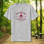 Fun Retro Custom Camping Trip Campfire Red Logo T-Shirt<br><div class="desc">Camp in style with this custom shirt featuring a red campfire logo and your name. Personalise further with 3 lines of custom text - add "Family Reunion, Family Trip, Camping Trip, location, date, etc. Perfect family reunions, camping or hiking trips, a weekend at the lake or a backyard bonfire. Check...</div>