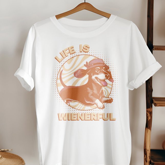 Fun Retro Dachshund Weiner Dog 'Life is Wienerful' T-Shirt (This fun and quirky design features an adorable dachshund, complete with a cute fedora hat!)