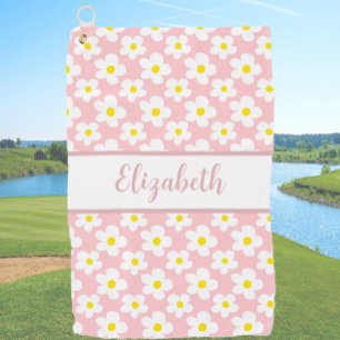 Fun retro daisies pink floral custom name ladies golf towel