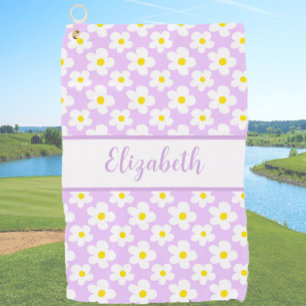Fun retro daisies purple floral custom name ladies golf towel