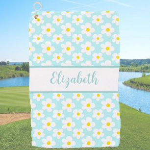 Fun retro daisies teal floral custom name ladies golf towel