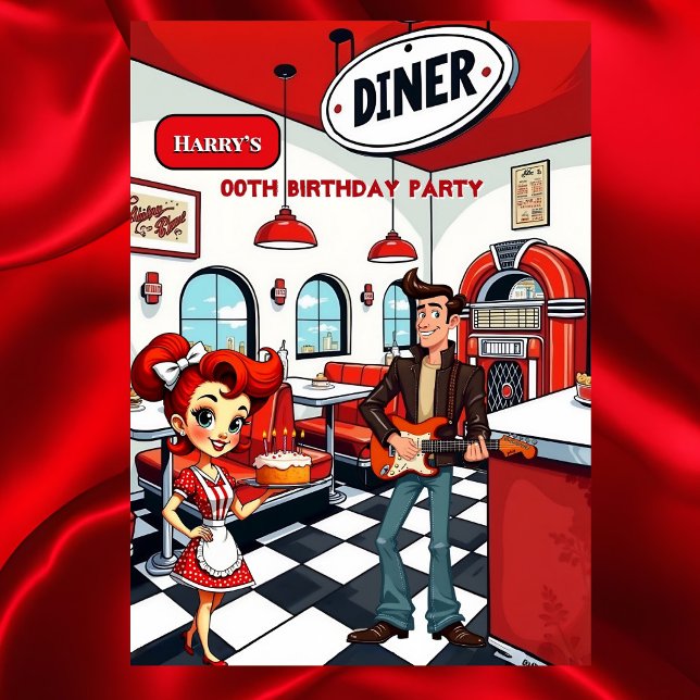 Fun Retro Diner Birthday Party Red White Rocker Invitation (Creator Uploaded)