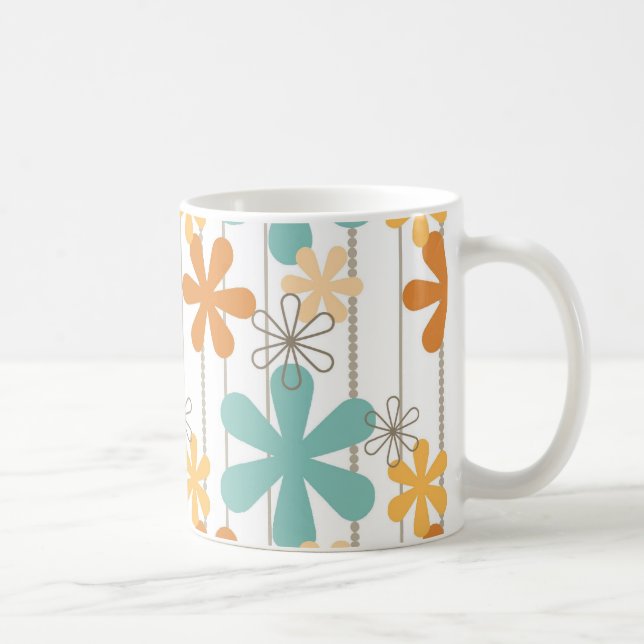 Fun Retro Floral Pattern Orange Blue Wall Flowers Coffee Mug (Right)