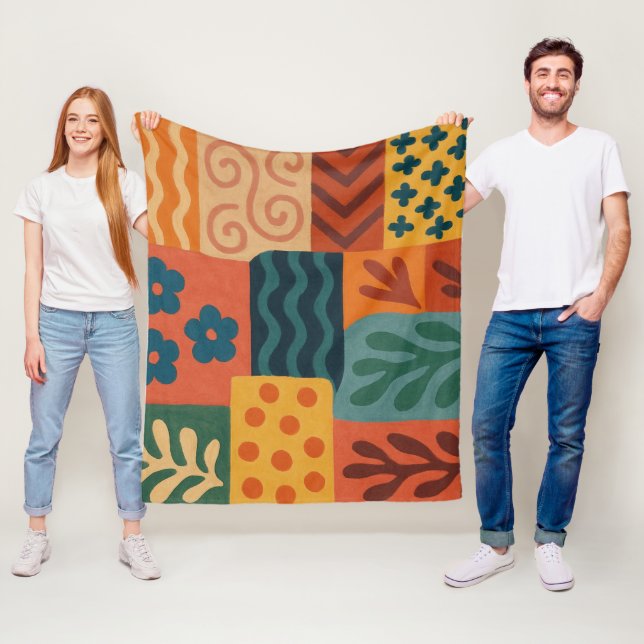 Fun Retro Garden Collage Pattern Motif Fleece Blanket (In Situ)