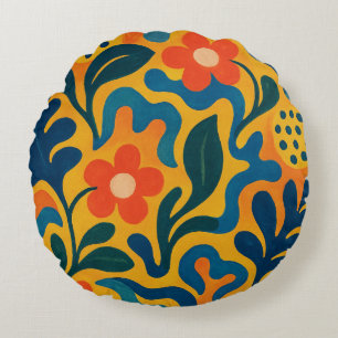 Fun Retro Garden Collage Pattern Motif Round Cushion