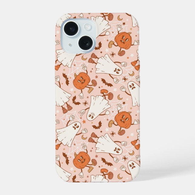 Fun Retro Ghost & Jack-O-Lantern Pattern iPhone 15 Case (Back)