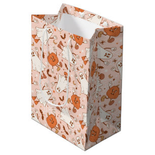 Fun Retro Ghost & Jack-O-Lantern Pattern Medium Gift Bag