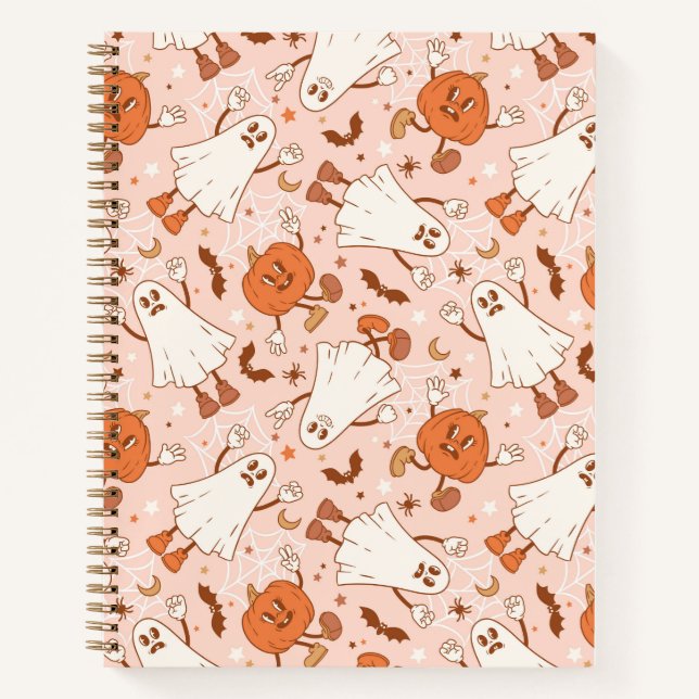 Fun Retro Ghost & Jack-O-Lantern Pattern Notebook (Front)