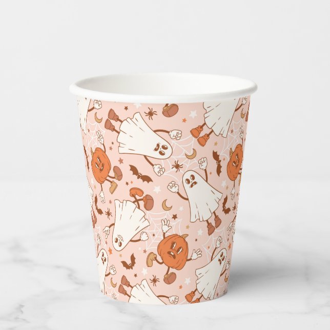 Fun Retro Ghost & Jack-O-Lantern Pattern Paper Cups (Front)