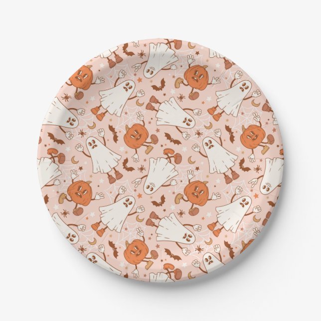Fun Retro Ghost & Jack-O-Lantern Pattern Paper Plate (Front)