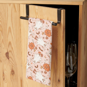 Fun Retro Ghost & Jack-O-Lantern Pattern Tea Towel