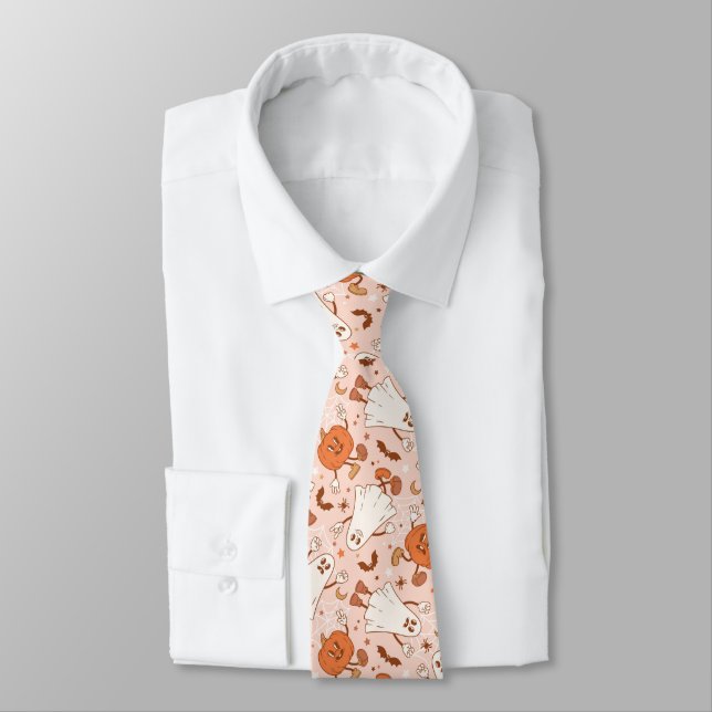 Fun Retro Ghost & Jack-O-Lantern Pattern Tie (Tied)