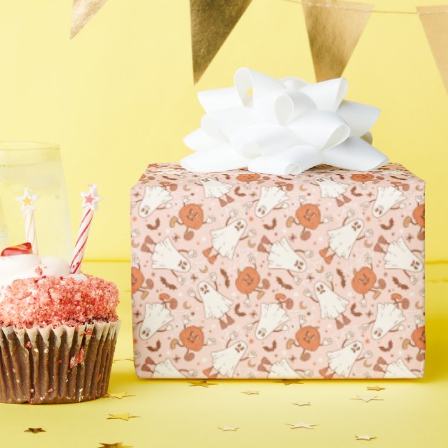 Fun Retro Ghost & Jack-O-Lantern Pattern Wrapping Paper (Birthday Party)