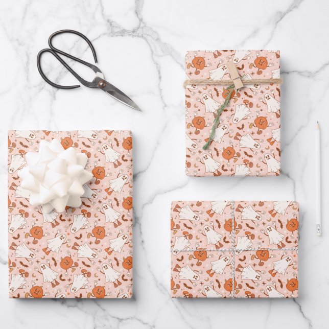 Fun Retro Ghost & Jack-O-Lantern Pattern Wrapping Paper Sheet (Front)
