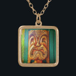 Fun Retro Hawaiian Wood Carving Tiki Face Photo Gold Plated Necklace<br><div class="desc">Who can resist a face like this? Rock that island style whenever you wear this cute, fun, fierce, retro Hawaiian wooden tiki face photo charm necklace. This necklace comes in small, medium and large sizes, as well as both square and circle shapes. You can order this necklace in your choice...</div>