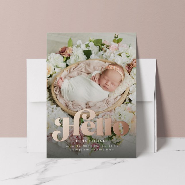 Fun retro hello rose gold photo birth announcement (Creator Uploaded)
