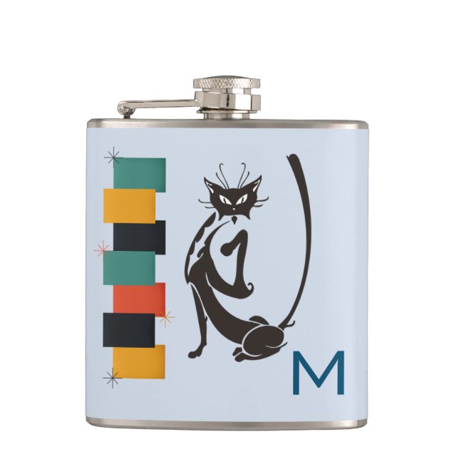 Fun Retro Kitty Monogram Mid Century Cat Hip Flask (Front)