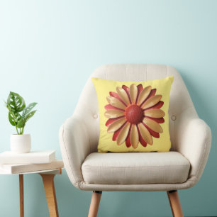 Fun Retro Orange Daisy Flower on Butter Yellow 60s Cushion
