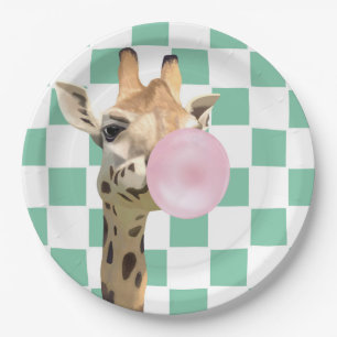 Fun Retro Pink Bubblegum Blowing Giraffe Paper Plate