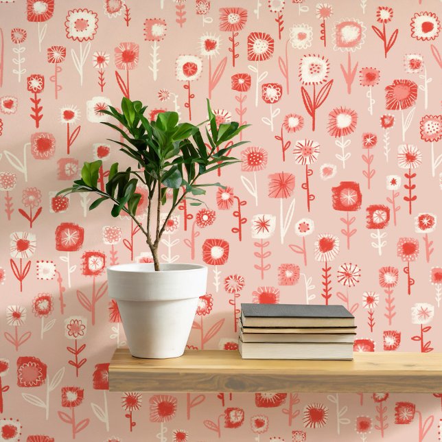 Fun Retro Pink Floral Pattern Wallpaper (Retro pink floral ditsy fun peel and stick wallpaper)