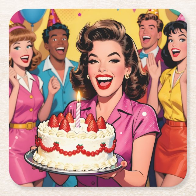 Fun Retro Pop Art Comic Mid-Century Birthday Square Paper Coaster (Front)