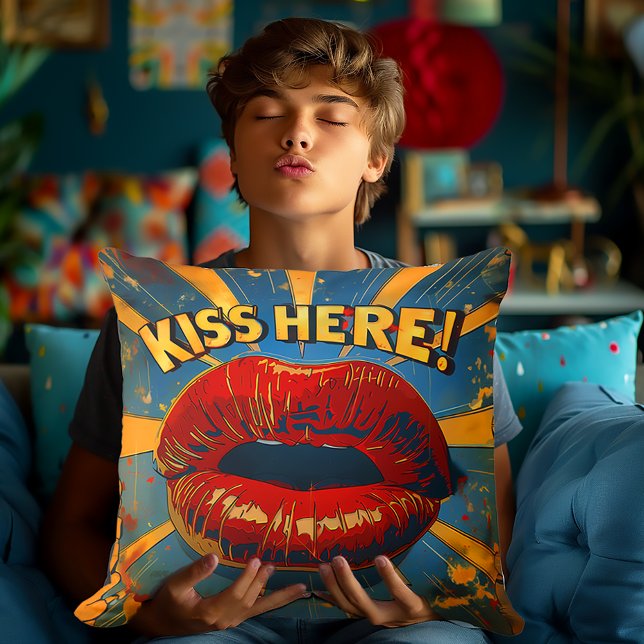 Fun Retro Pop Art 'Kiss Here!'  Cushion (Bold Pop-Art 'Kiss Here!' Decorative Pillow)