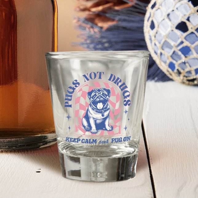 Fun Retro Pug "Pugs Not Drugs" Muted Pastel Colour Shot Glass (This fun design showcases an adorable retro pug with muted pink and colors.)