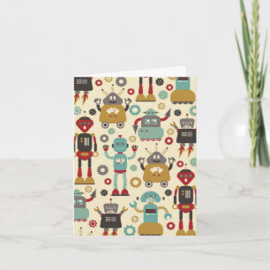 Fun Retro Robots Illustrated Pattern (Cream) Card