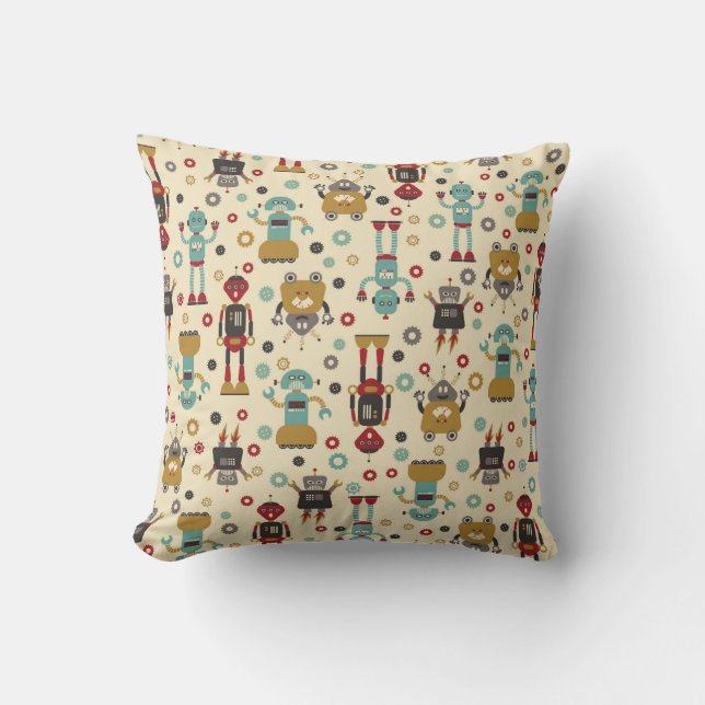 Fun Retro Robots Illustrated Pattern (Cream) Cushion (Front)