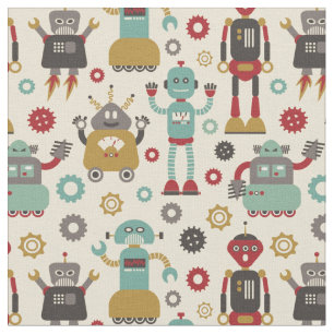 Fun Retro Robots Illustrated Pattern (Cream) Fabric
