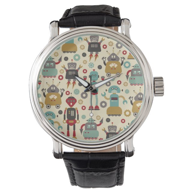 Fun Retro Robots Illustrated Pattern (Cream) Watch (Front)