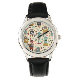 Fun Retro Robots Illustrated Pattern (Cream) Watch