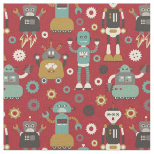 Fun Retro Robots Illustrated Pattern (Red) Fabric