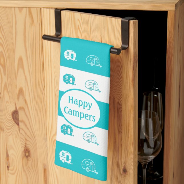 Fun Retro RV Happy Campers in Aqua and White Tea Towel (Thirds Fold)