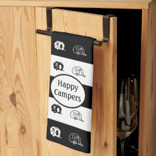 Fun Retro RV Happy Campers in Black and White Tea Towel
