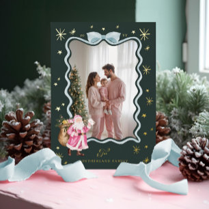 Fun Retro Santa Wavy Blue Ribbon Photo Christmas