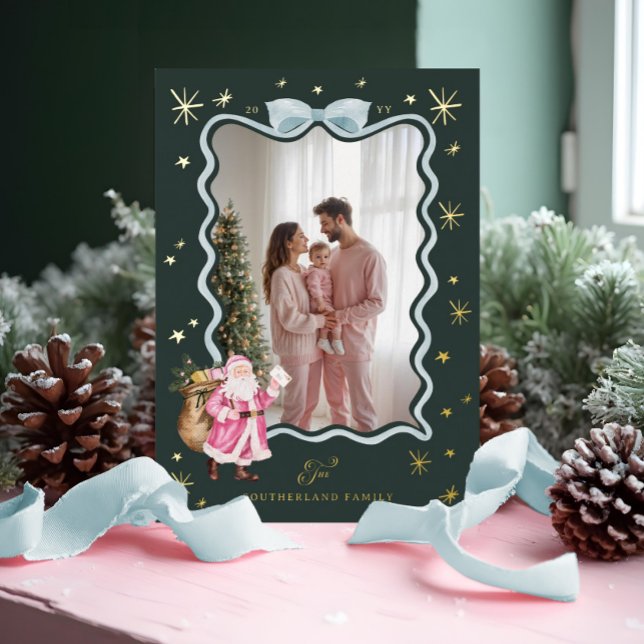 Fun Retro Santa Wavy Blue Ribbon Photo Christmas (Fun Retro Santa Wavy Blue Ribbon Photo Christmas Foil Holiday Card)