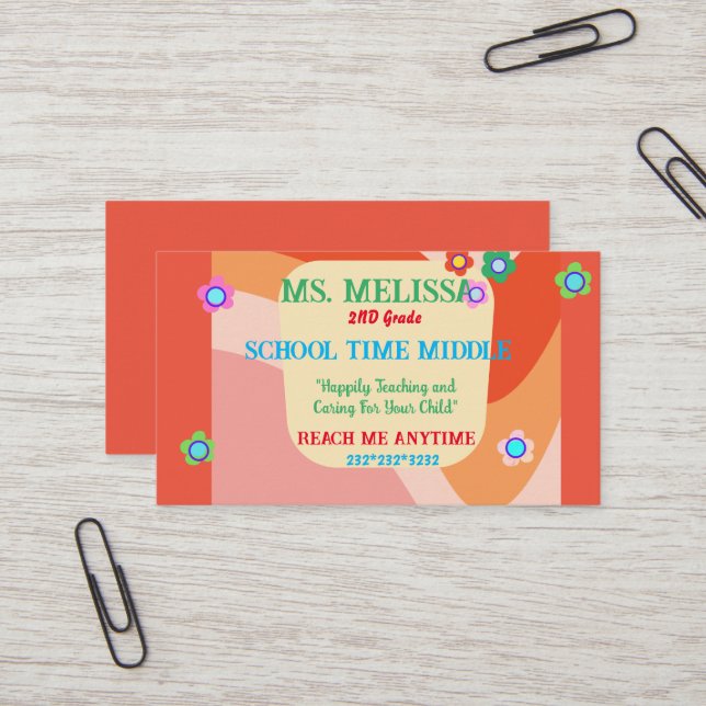 Fun Retro School Teacher Style Design Business Card (Front/Back In Situ)