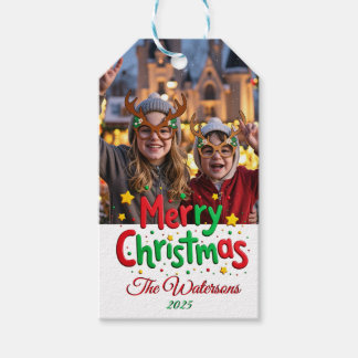 Fun Retro Script Merry Christmas Letterpress Photo Gift Tags