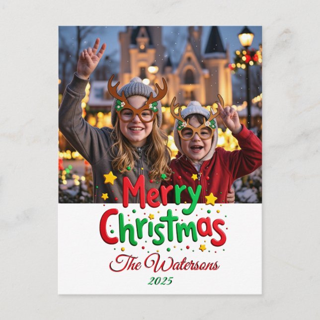Fun Retro Script Merry Christmas Letterpress Photo Postcard (Front)