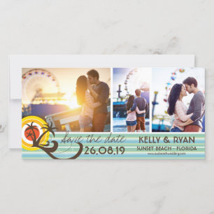 Fun Retro Tropical Beach Sunset Palm Trees 3 Photo Save The Date