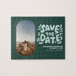 Fun Retro Typography Photo Wedding Save the Date Jigsaw Puzzle