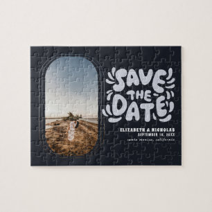 Fun Retro Typography Photo Wedding Save the Date Jigsaw Puzzle