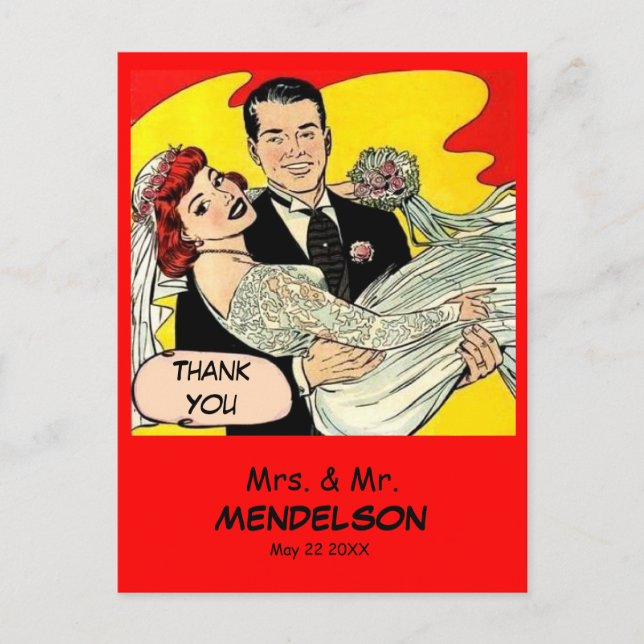 Fun retro vintage comic wedding thank you postcard (Front)