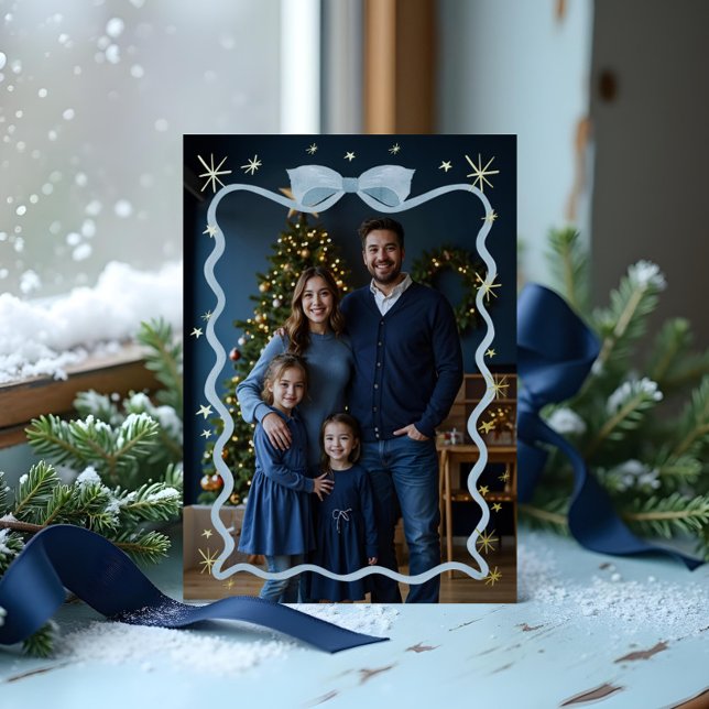 Fun Retro Wavy Blue Ribbon & Stars Photo Christmas (Fun Retro Wavy Blue Ribbon & Stars Photo Christmas Foil Holiday Card)
