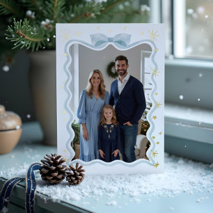 Fun Retro Wavy Blue Ribbon & Stars Photo Christmas