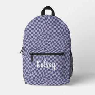 Fun Retro Wavy Check Purple Monogram Name Printed Backpack