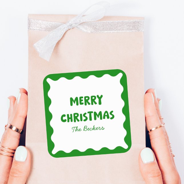 Fun Retro Wavy Green Trendy Custom Chic Christmas Square Sticker (Creator Uploaded)